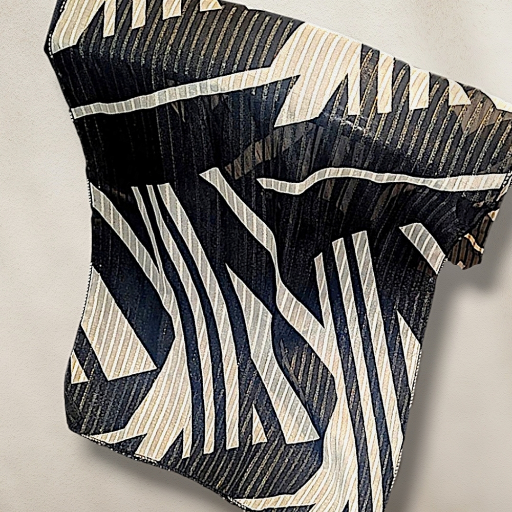 Vintage Sheer Geometric Black & White w/Gold Oblong Scarf 60" L X 13" W